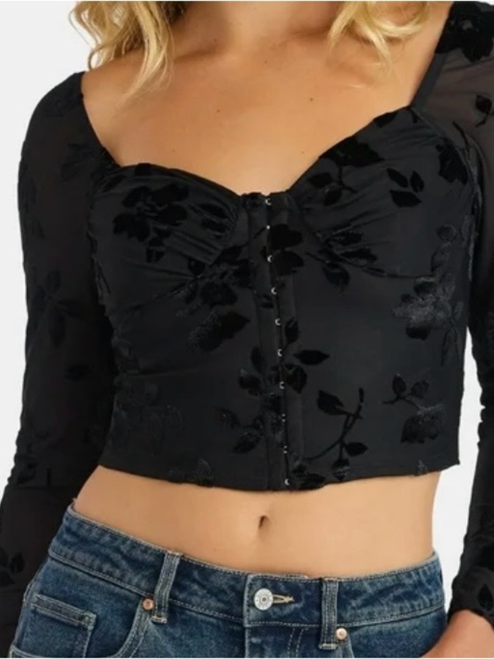 Madden NYC Black Floral Velvet Cropped Mesh Top Large